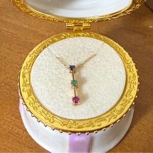 NWT Vintage 10K Gold 3-Stone Pendant Necklace 18” Ruby Emerald Sapphire GIFT